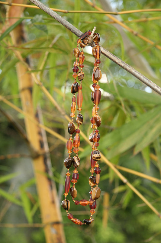 Necklace, Tiger's Eye nuggets with Antique Amber Glass