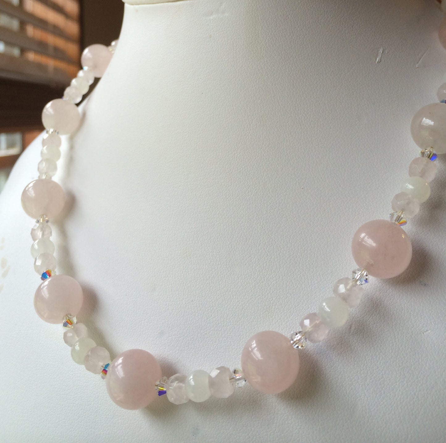 Necklace, Rose Quartz and Swarovski Crystal